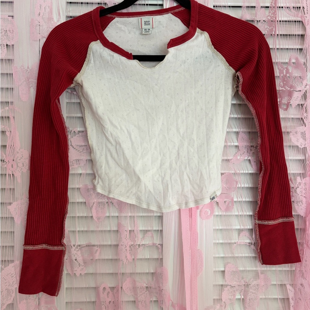 Red and white sheer Urban Outfitters cropped baseball long sleeve